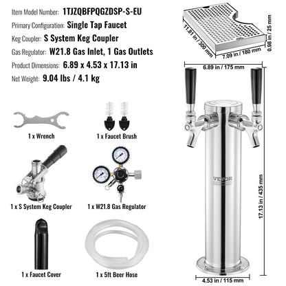 Kegerator Tower Kit, Single Tap Beer Conversion Kit, Keg Beer Tower Dispenser i rostfritt stål med Dual Gauge W21.8 Regulator & S-System Keg Coupler, öldroppbricka för festhem
