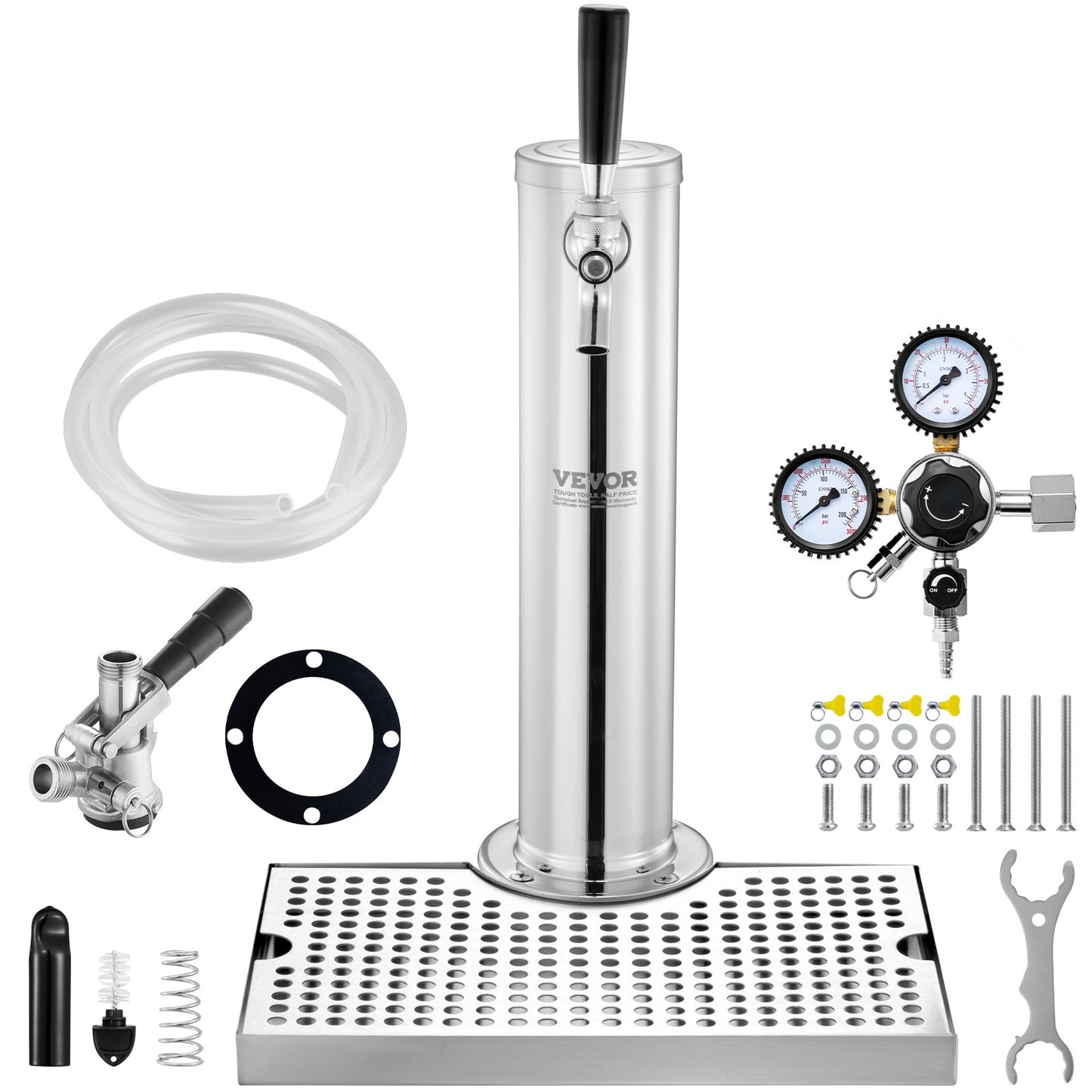 Kegerator Tower Kit, Single Tap Beer Conversion Kit, Keg Beer Tower Dispenser i rostfritt stål med Dual Gauge W21.8 Regulator & S-System Keg Coupler, öldroppbricka för festhem