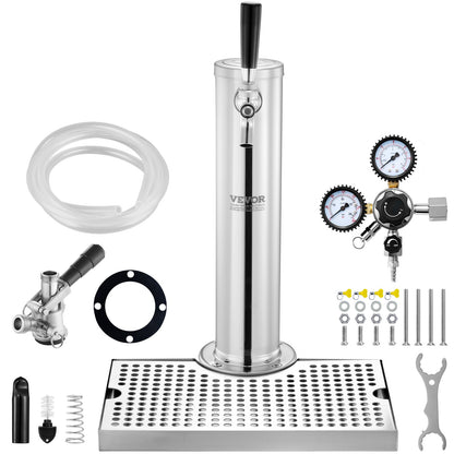 Kegerator Tower Kit, Single Tap Beer Conversion Kit, Keg Beer Tower Dispenser i rostfritt stål med Dual Gauge W21.8 Regulator & S-System Keg Coupler, öldroppbricka för festhem