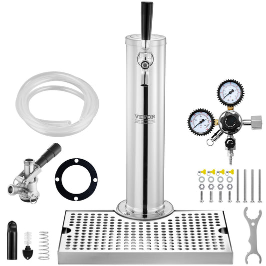 Kegerator Tower Kit, Single Tap Beer Conversion Kit, Keg Beer Tower Dispenser i rostfritt stål med Dual Gauge W21.8 Regulator & S-System Keg Coupler, öldroppbricka för festhem