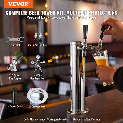 Kegerator Tower Kit, Dual Taps Beer Conversion Kit, Rostfritt stål Keg Beer Tower Dispenser med Dual Gauge W21.8 Regulator & S-System Keg Coupler för Party Home