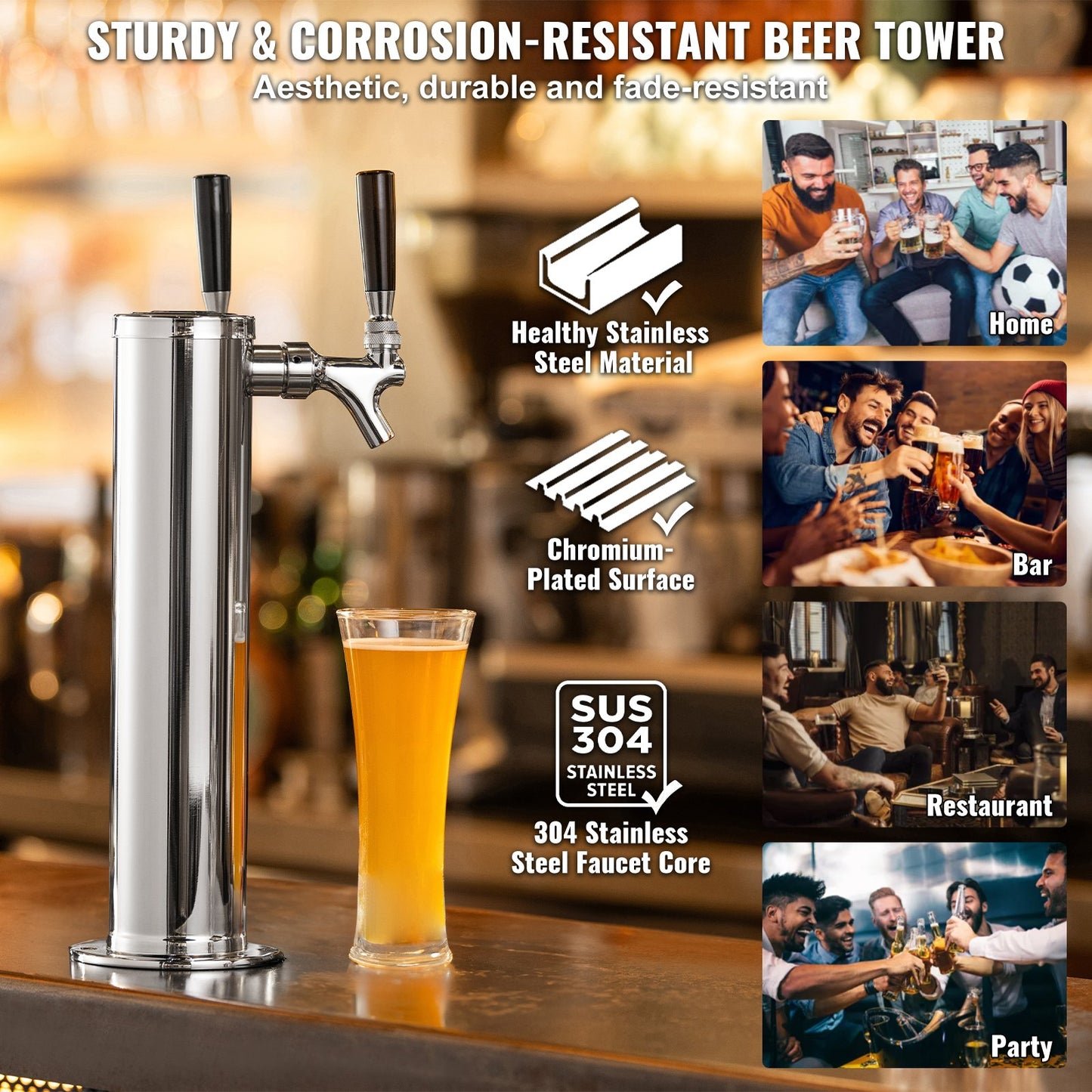 Kegerator Tower Kit, Dual Taps Beer Conversion Kit, Rostfritt stål Keg Beer Tower Dispenser med Dual Gauge W21.8 Regulator & S-System Keg Coupler för Party Home