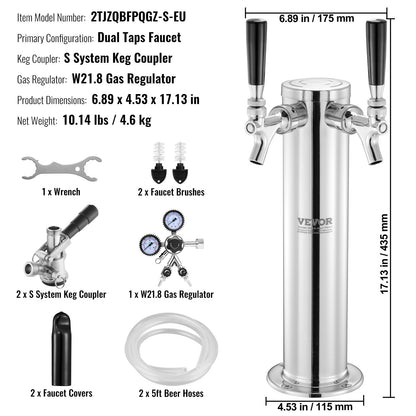 Kegerator Tower Kit, Dual Taps Beer Conversion Kit, Rostfritt stål Keg Beer Tower Dispenser med Dual Gauge W21.8 Regulator & S-System Keg Coupler för Party Home