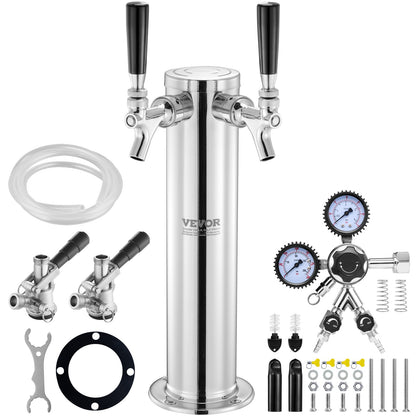 Kegerator Tower Kit, Dual Taps Beer Conversion Kit, Rostfritt stål Keg Beer Tower Dispenser med Dual Gauge W21.8 Regulator & S-System Keg Coupler för Party Home