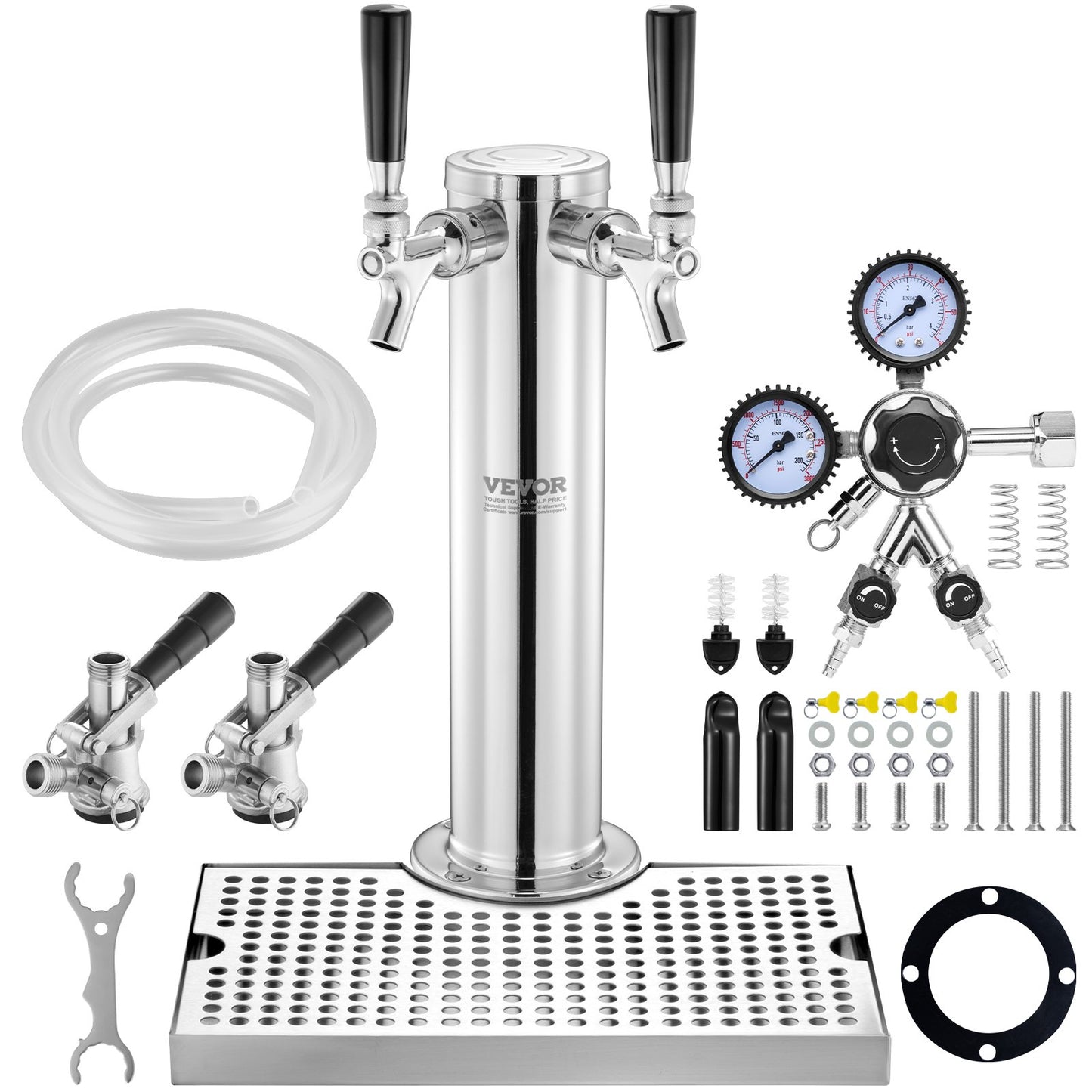 Kegerator Tower Kit, Dual Taps Beer Conversion Kit, Rostfritt stål Keg Beer Tower Dispenser med Dual Gauge W21.8 Regulator & S-System Keg Coupler, Öl droppbricka för Party Home