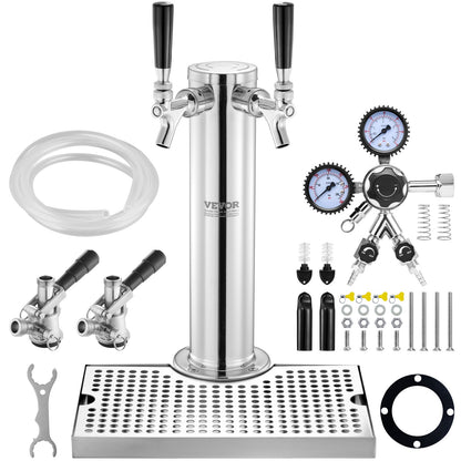 Kegerator Tower Kit, Dual Taps Beer Conversion Kit, Rostfritt stål Keg Beer Tower Dispenser med Dual Gauge W21.8 Regulator & S-System Keg Coupler, Öl droppbricka för Party Home