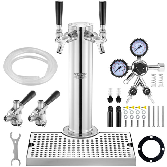 Kegerator Tower Kit, Dual Taps Beer Conversion Kit, Rostfritt stål Keg Beer Tower Dispenser med Dual Gauge W21.8 Regulator & S-System Keg Coupler, Öl droppbricka för Party Home