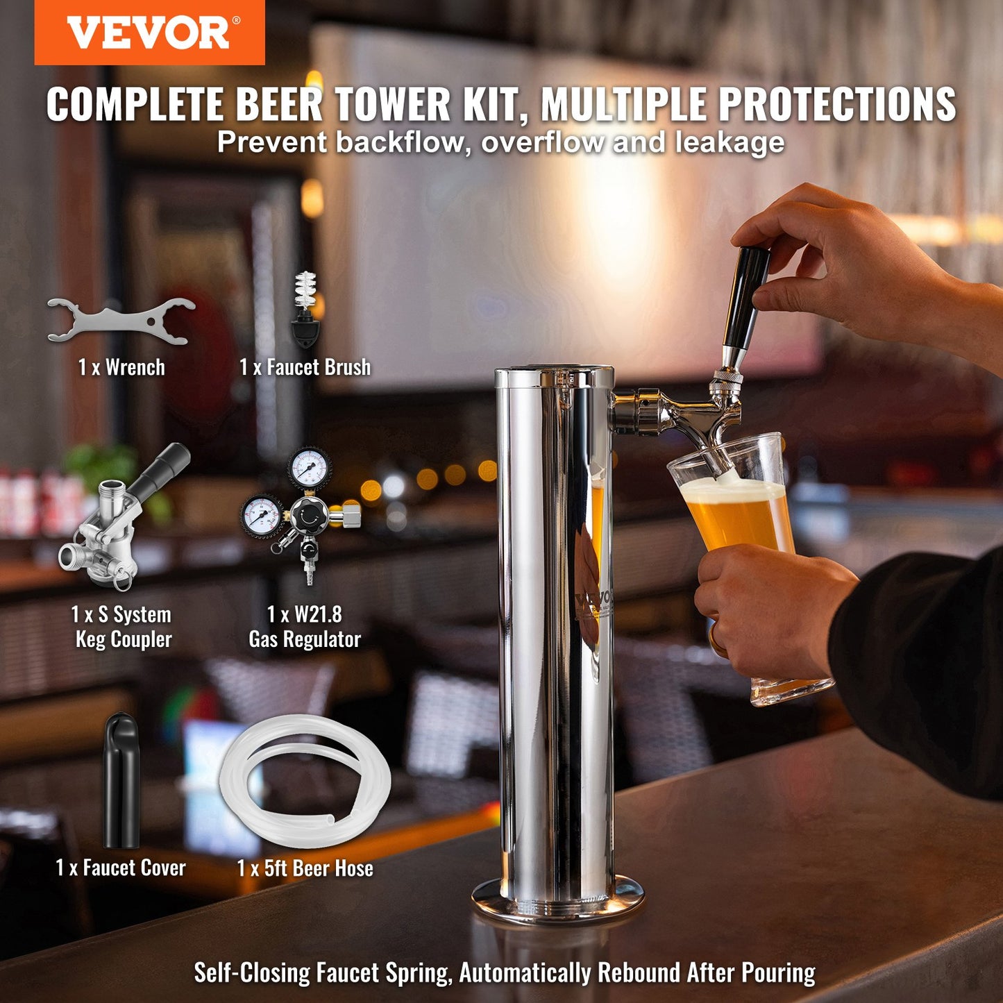 Kegerator Tower Kit, Single Tap Beer Conversion Kit, Rostfritt stål Keg Beer Tower Dispenser med Dual Gauge W21.8 Regulator & S-System Keg Coupler för Party Home