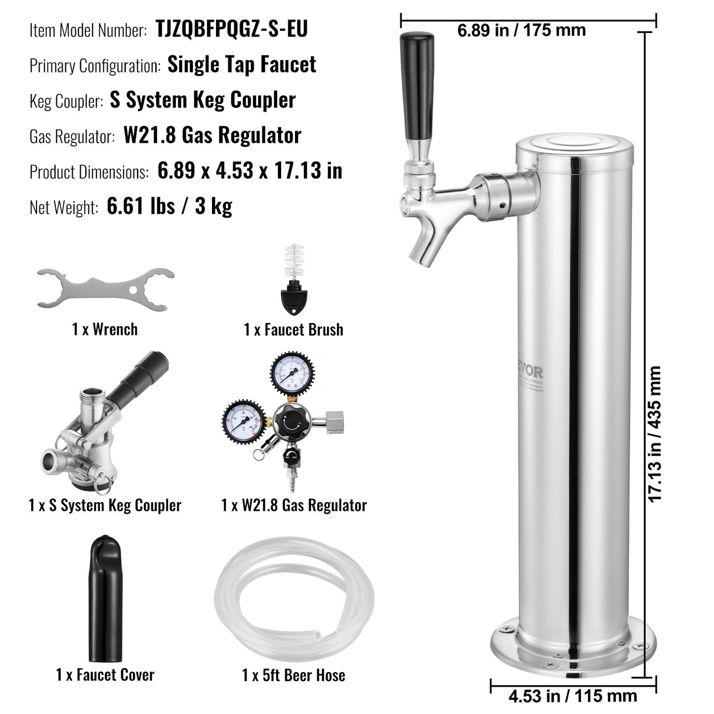 Kegerator Tower Kit, Single Tap Beer Conversion Kit, Rostfritt stål Keg Beer Tower Dispenser med Dual Gauge W21.8 Regulator & S-System Keg Coupler för Party Home