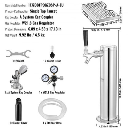 Kegerator Tower Kit, konverteringskit för öl med en tapp, öltornsdispenser i rostfritt stål med dubbel mätare, W21.8-regulator och A-System-fatkoppling, droppbricka för öl för fester och hem. |  EU