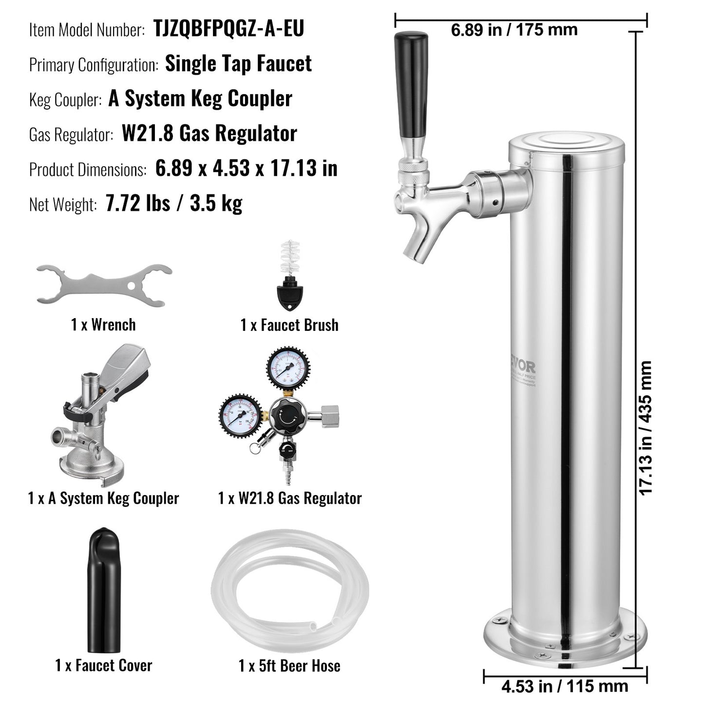 Single Tap Kegerator Tower Kit Kegerator Beer Tower & A-System Keg Coupler