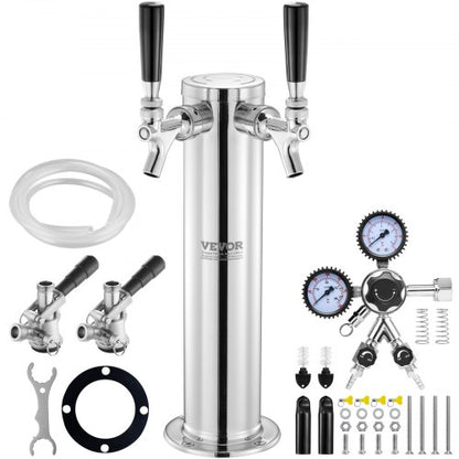 Kegerator Tower Kit, Dual Taps Beer Conversion Kit, Stainless Steel Keg Beer Tower Dispenser with Dual Gauge CGA320 Regulator & D-System Keg Coupler, Self-Closing Spring for Party Bar Home