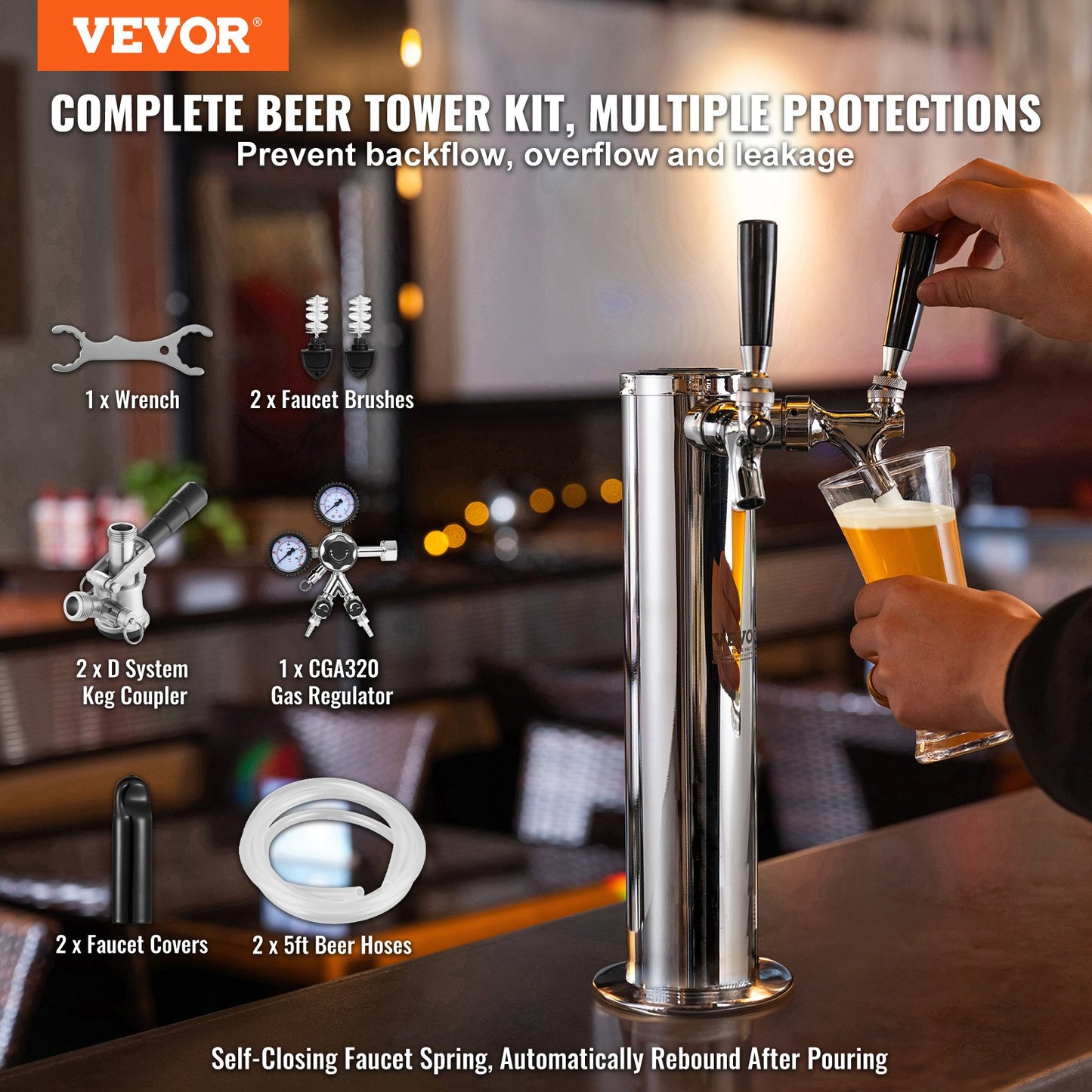 Kegerator Tower Kit, Dual Taps Beer Conversion Kit, Stainless Steel Keg Beer Tower Dispenser with Dual Gauge CGA320 Regulator & D-System Keg Coupler, Self-Closing Spring for Party Bar Home