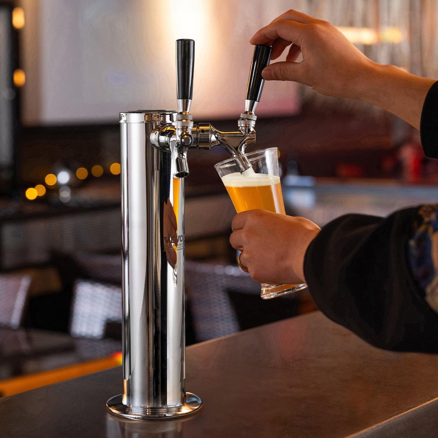 Kegerator Tower Kit, Dual Taps Beer Conversion Kit, Stainless Steel Keg Beer Tower Dispenser with Dual Gauge CGA320 Regulator & D-System Keg Coupler, Self-Closing Spring for Party Bar Home