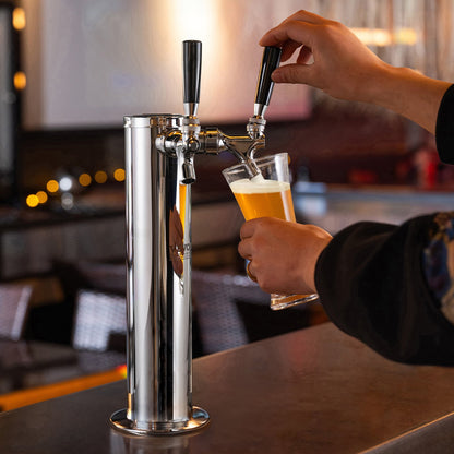 Kegerator Tower Kit, Dual Taps Beer Conversion Kit, Stainless Steel Keg Beer Tower Dispenser with Dual Gauge CGA320 Regulator & D-System Keg Coupler, Self-Closing Spring for Party Bar Home