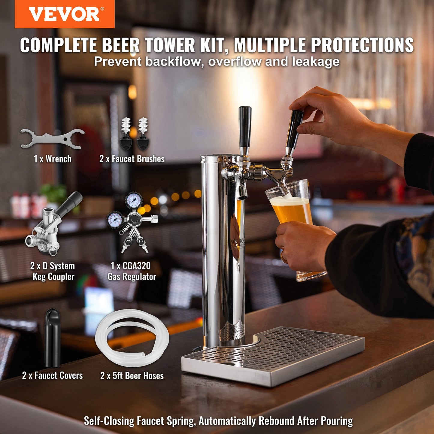 Kegerator Tower Kit, Dual Taps Beer Conversion Kit, Stainless Steel Keg Beer Tower Dispenser with Dual Gauge CGA320 Regulator & D-System Keg Coupler, Beer Drip Tray for Party Home