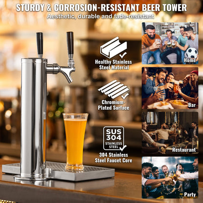 Kegerator Tower Kit, Dual Taps Beer Conversion Kit, Stainless Steel Keg Beer Tower Dispenser with Dual Gauge CGA320 Regulator & D-System Keg Coupler, Beer Drip Tray for Party Home
