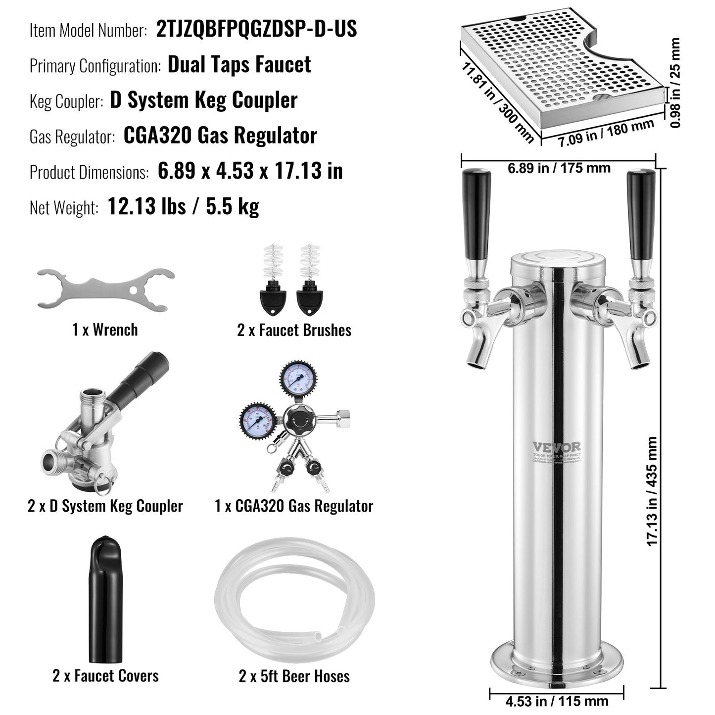 Kegerator Tower Kit, Dual Taps Beer Conversion Kit, Stainless Steel Keg Beer Tower Dispenser with Dual Gauge CGA320 Regulator & D-System Keg Coupler, Beer Drip Tray for Party Home
