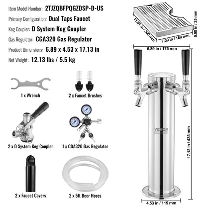 Kegerator Tower Kit, Dual Taps Beer Conversion Kit, Stainless Steel Keg Beer Tower Dispenser with Dual Gauge CGA320 Regulator & D-System Keg Coupler, Beer Drip Tray for Party Home