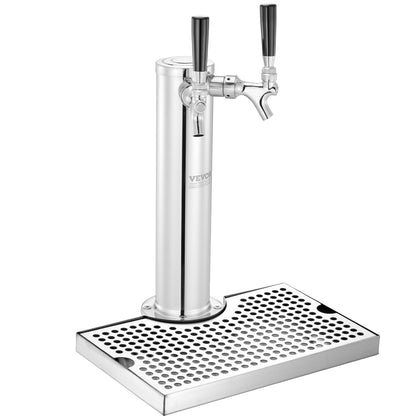 Kegerator Tower Kit, Dual Taps Beer Conversion Kit, Stainless Steel Keg Beer Tower Dispenser with Dual Gauge CGA320 Regulator & D-System Keg Coupler, Beer Drip Tray for Party Home