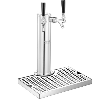 Kegerator Tower Kit, Dual Taps Beer Conversion Kit, Stainless Steel Keg Beer Tower Dispenser with Dual Gauge CGA320 Regulator & D-System Keg Coupler, Beer Drip Tray for Party Home