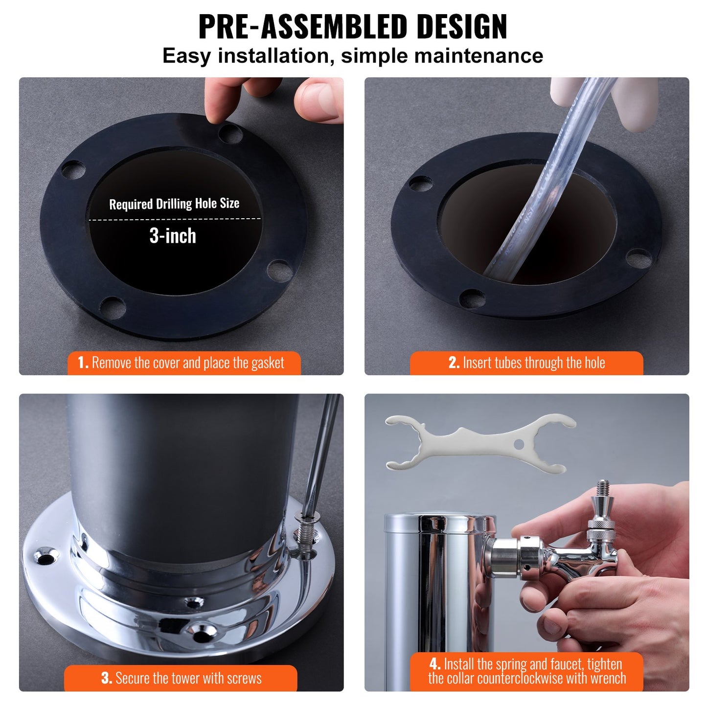 Triple Taps Fassbierturm-Zapfanlage, Edelstahl-Bierturm, Kegerator-Turm-Kit mit vormontierten Schläuchen und selbstschließendem Zapfhahnschaft für Party, Bar, Pub, Restaurant