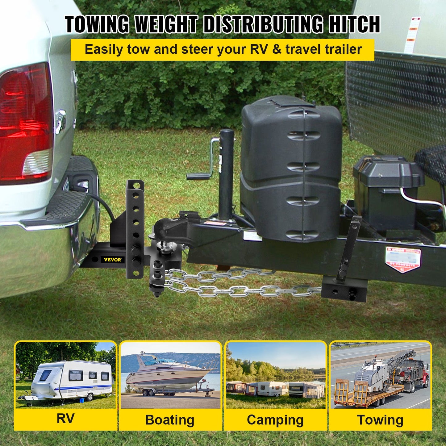 Gewichtsverteilungskupplung, 1000 lb Hochleistungs-Nivellierungskupplung mit Pendelkontrolle, 2"-Kugel &amp; 4"-Absenkung/Hebevorrichtung &amp; 4 Ketten &amp; universelle Rahmenhalterung, ruckfreies und schwankungsfreies Ziehen von Anhängern