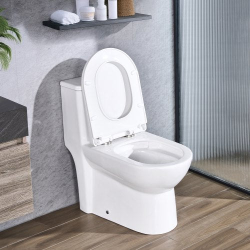 One-Piece Toilet, Elongated Toilet Vortex Dual-Flush 1.1/1.6 GPF, Toilets for Bathroom with Comfortable Chair Seat, Standard Height, Easy-Clean Skirted Design, 10 inch Rough-In, White + Silver