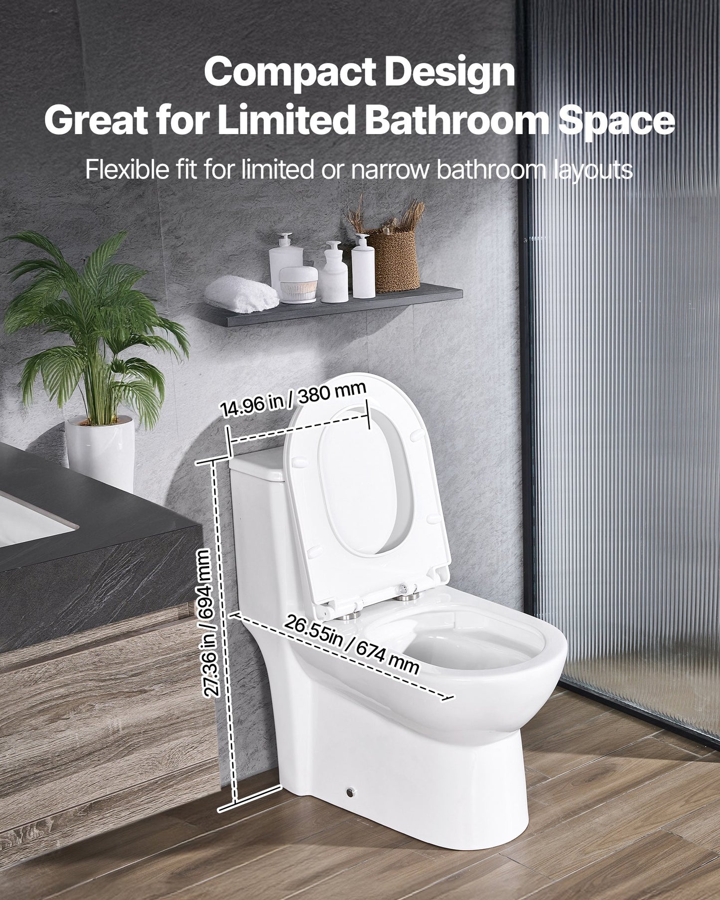 One-Piece Toilet, Elongated Toilet Vortex Dual-Flush 1.1/1.6 GPF, Toilets for Bathroom with Comfortable Chair Seat, Standard Height, Easy-Clean Skirted Design, 10 inch Rough-In, White + Silver