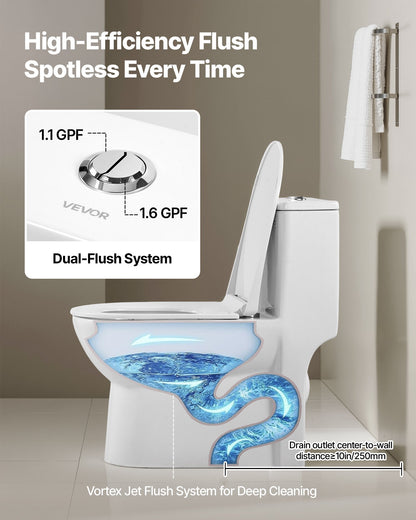 One-Piece Toilet, Elongated Toilet Vortex Dual-Flush 1.1/1.6 GPF, Toilets for Bathroom with Comfortable Chair Seat, Standard Height, Easy-Clean Skirted Design, 10 inch Rough-In, White + Silver