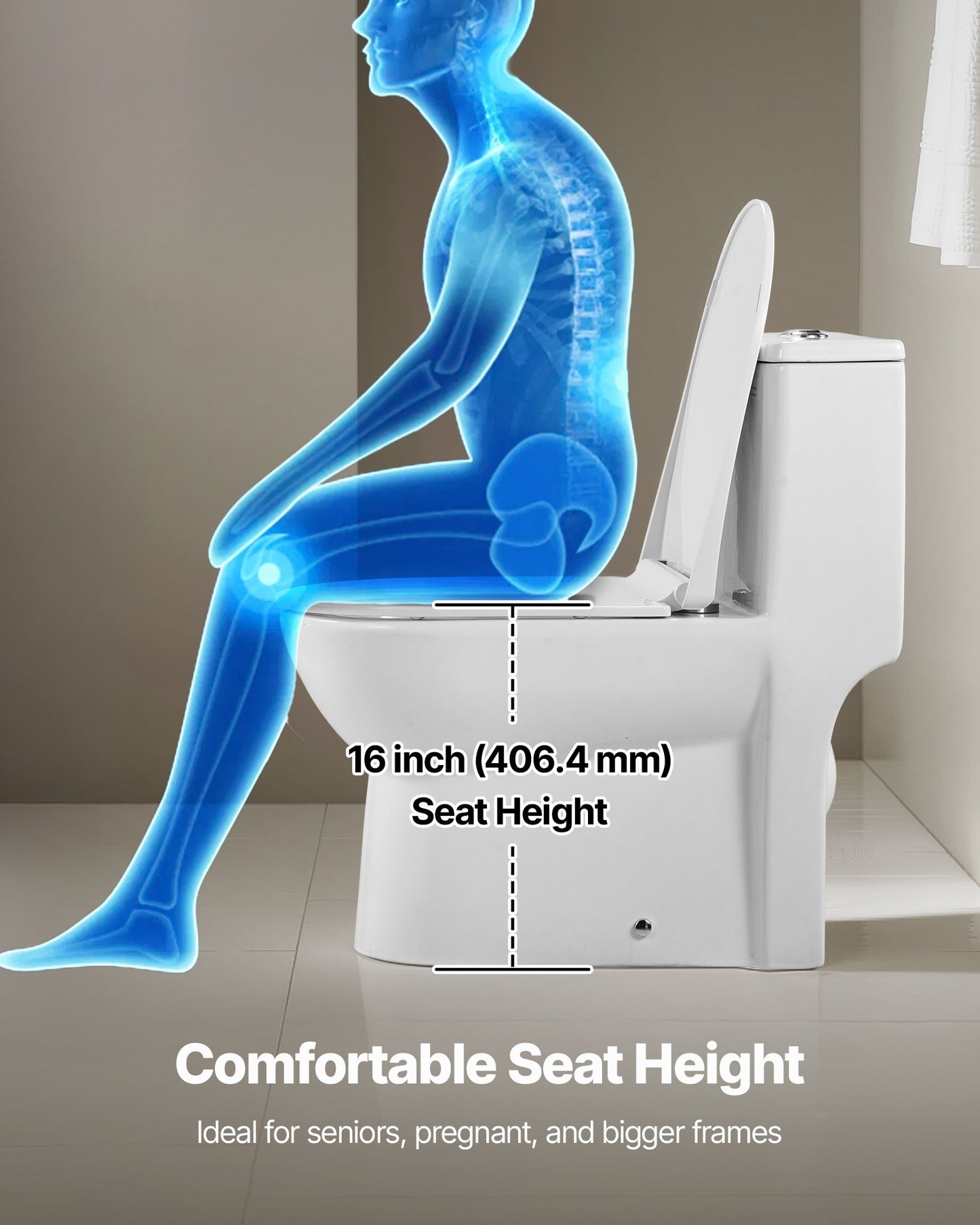 One-Piece Toilet, Elongated Toilet Vortex Dual-Flush 1.1/1.6 GPF, Toilets for Bathroom with Comfortable Chair Seat, Standard Height, Easy-Clean Skirted Design, 10 inch Rough-In, White + Silver