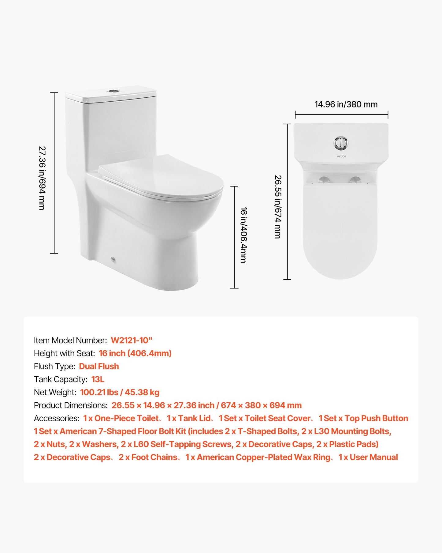 One-Piece Toilet, Elongated Toilet Vortex Dual-Flush 1.1/1.6 GPF, Toilets for Bathroom with Comfortable Chair Seat, Standard Height, Easy-Clean Skirted Design, 10 inch Rough-In, White + Silver