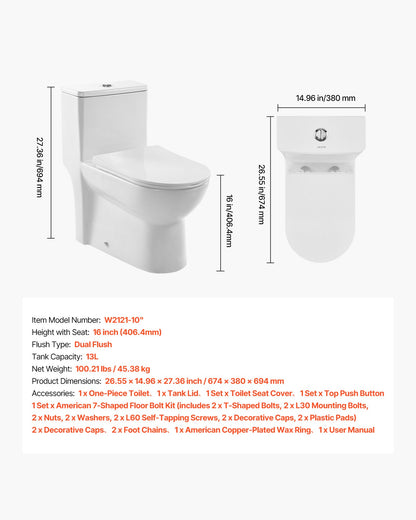 One-Piece Toilet, Elongated Toilet Vortex Dual-Flush 1.1/1.6 GPF, Toilets for Bathroom with Comfortable Chair Seat, Standard Height, Easy-Clean Skirted Design, 10 inch Rough-In, White + Silver