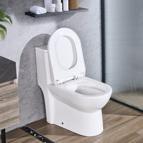 One-Piece Toilet, Elongated Toilet Vortex Dual-Flush 1.1/1.6 GPF, Toilets for Bathroom with Comfortable Chair Seat, Standard Height, Easy-Clean Skirted Design, 12 inch Rough-In, White + Silver