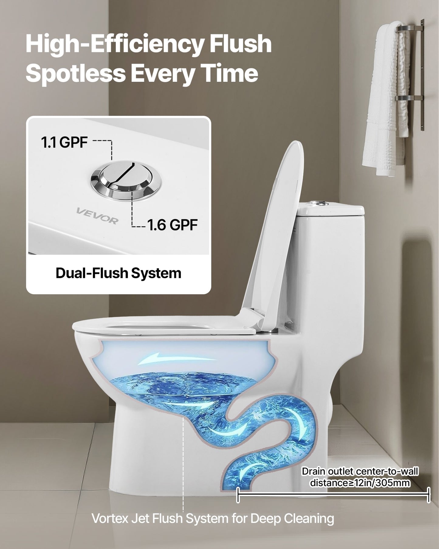 One-Piece Toilet, Elongated Toilet Vortex Dual-Flush 1.1/1.6 GPF, Toilets for Bathroom with Comfortable Chair Seat, Standard Height, Easy-Clean Skirted Design, 12 inch Rough-In, White + Silver