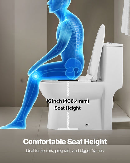 One-Piece Toilet, Elongated Toilet Vortex Dual-Flush 1.1/1.6 GPF, Toilets for Bathroom with Comfortable Chair Seat, Standard Height, Easy-Clean Skirted Design, 12 inch Rough-In, White + Silver