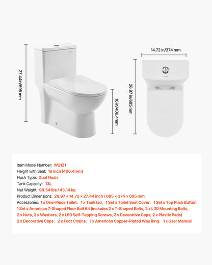 One-Piece Toilet, Elongated Toilet Vortex Dual-Flush 1.1/1.6 GPF, Toilets for Bathroom with Comfortable Chair Seat, Standard Height, Easy-Clean Skirted Design, 12 inch Rough-In, White + Silver