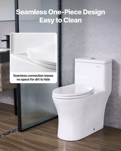One-Piece Toilet, Elongated Toilet Vortex Dual-Flush 1.0/1.28 GPF, Toilets for Bathroom with Comfortable Chair Seat, Standard Height, Easy-Clean Skirted Design, 12 inch Rough-In, White + Silver