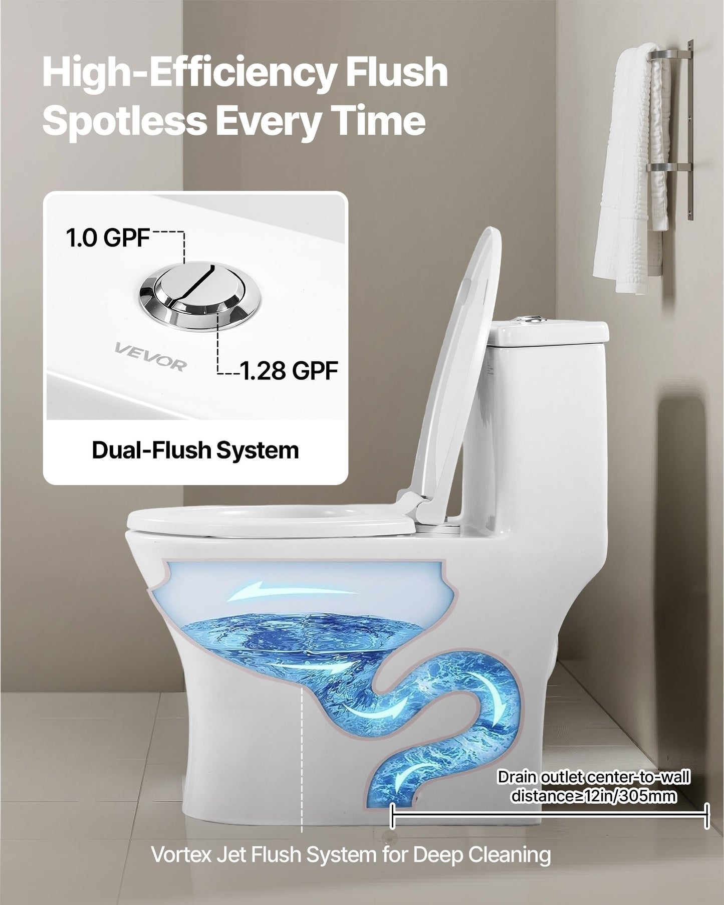 One-Piece Toilet, Elongated Toilet Vortex Dual-Flush 1.0/1.28 GPF, Toilets for Bathroom with Comfortable Chair Seat, Standard Height, Easy-Clean Skirted Design, 12 inch Rough-In, White + Silver