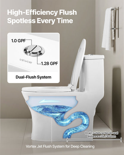 One-Piece Toilet, Elongated Toilet Vortex Dual-Flush 1.0/1.28 GPF, Toilets for Bathroom with Comfortable Chair Seat, Standard Height, Easy-Clean Skirted Design, 12 inch Rough-In, White + Silver