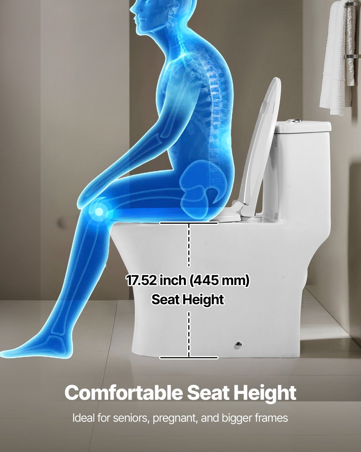 One-Piece Toilet, Elongated Toilet Vortex Dual-Flush 1.0/1.28 GPF, Toilets for Bathroom with Comfortable Chair Seat, Standard Height, Easy-Clean Skirted Design, 12 inch Rough-In, White + Silver