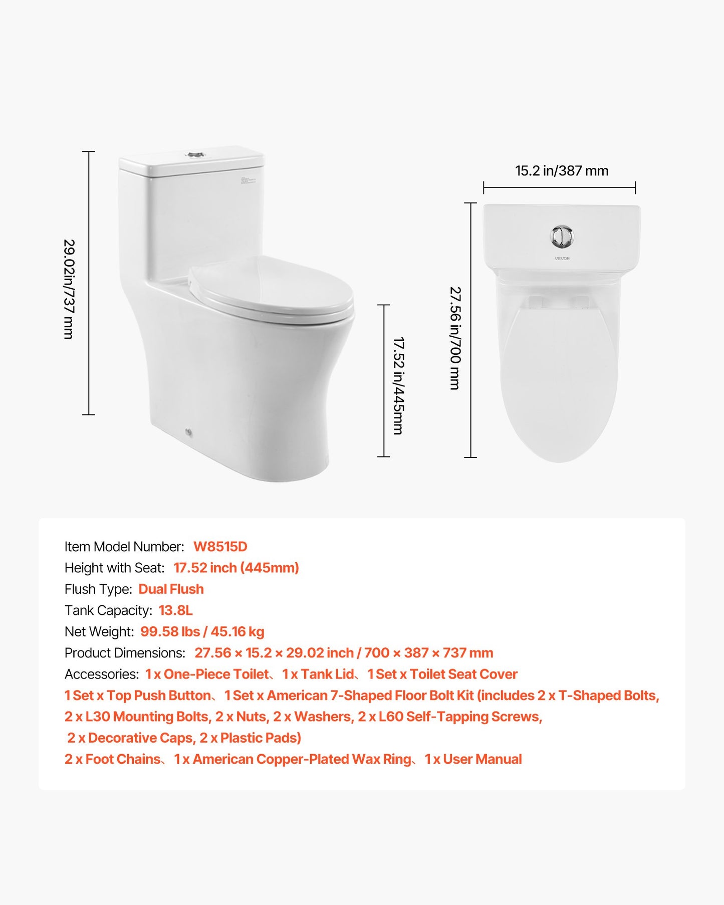 One-Piece Toilet, Elongated Toilet Vortex Dual-Flush 1.0/1.28 GPF, Toilets for Bathroom with Comfortable Chair Seat, Standard Height, Easy-Clean Skirted Design, 12 inch Rough-In, White + Silver