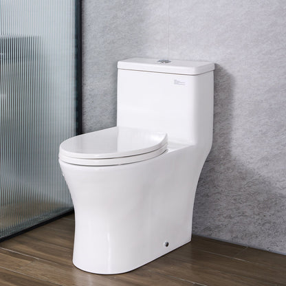 One-Piece Toilet, Elongated Toilet Vortex Dual-Flush 1.0/1.28 GPF, Toilets for Bathroom with Comfortable Chair Seat, Standard Height, Easy-Clean Skirted Design, 12 inch Rough-In, White + Silver