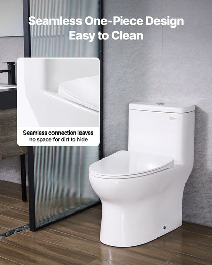 One-Piece Toilet, Elongated Toilet Vortex Dual-Flush 1.0/1.28 GPF, Toilets for Bathroom with Comfortable Chair Seat, Standard Height, 12 inch Rough-In, White + Silver, Easy-Clean Skirted Design