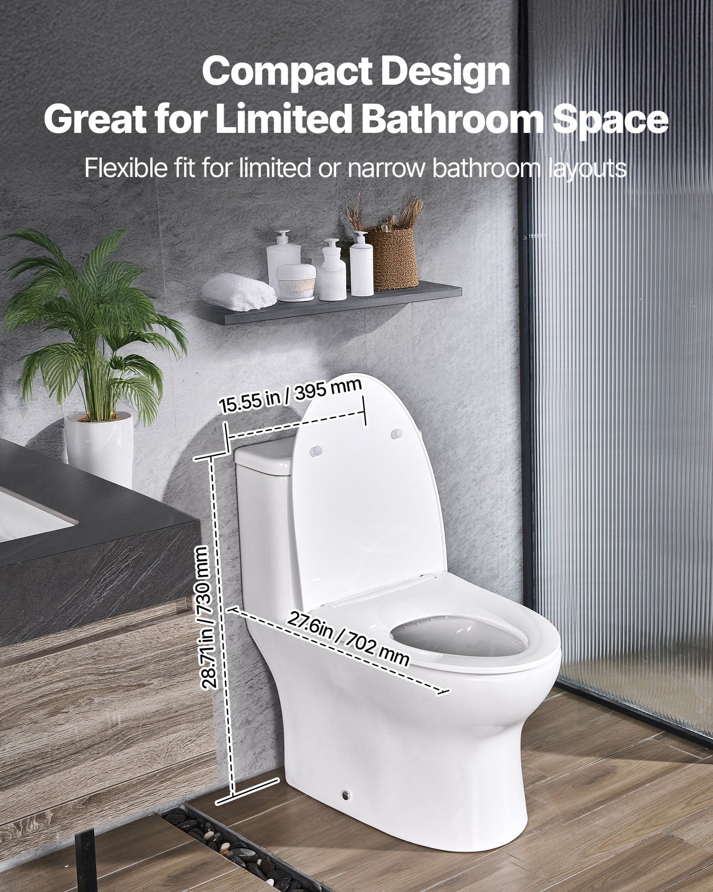 One-Piece Toilet, Elongated Toilet Vortex Dual-Flush 1.0/1.28 GPF, Toilets for Bathroom with Comfortable Chair Seat, Standard Height, 12 inch Rough-In, White + Silver, Easy-Clean Skirted Design