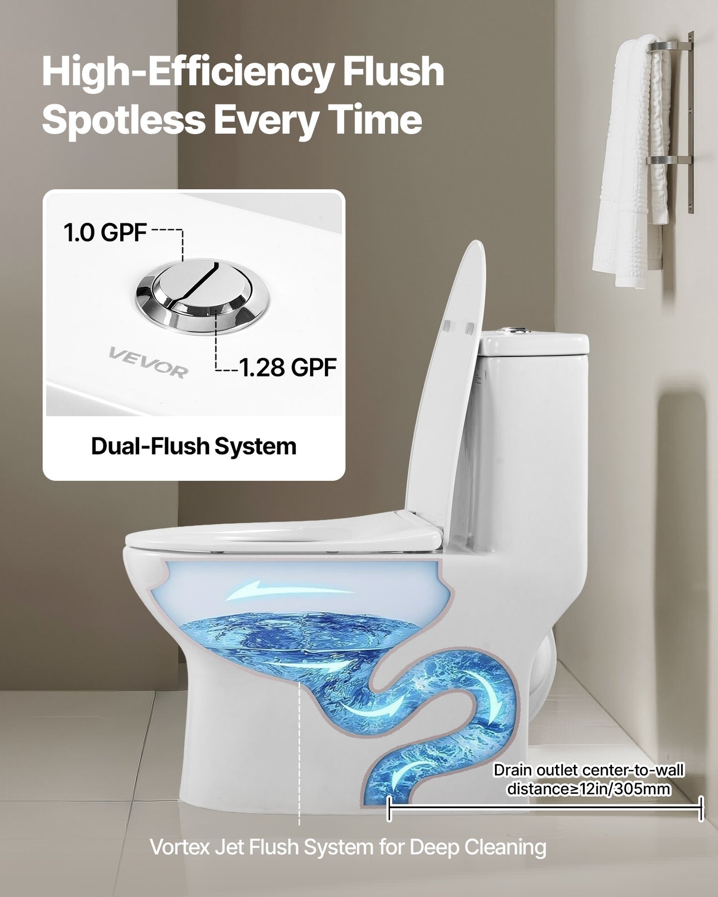One-Piece Toilet, Elongated Toilet Vortex Dual-Flush 1.0/1.28 GPF, Toilets for Bathroom with Comfortable Chair Seat, Standard Height, 12 inch Rough-In, White + Silver, Easy-Clean Skirted Design