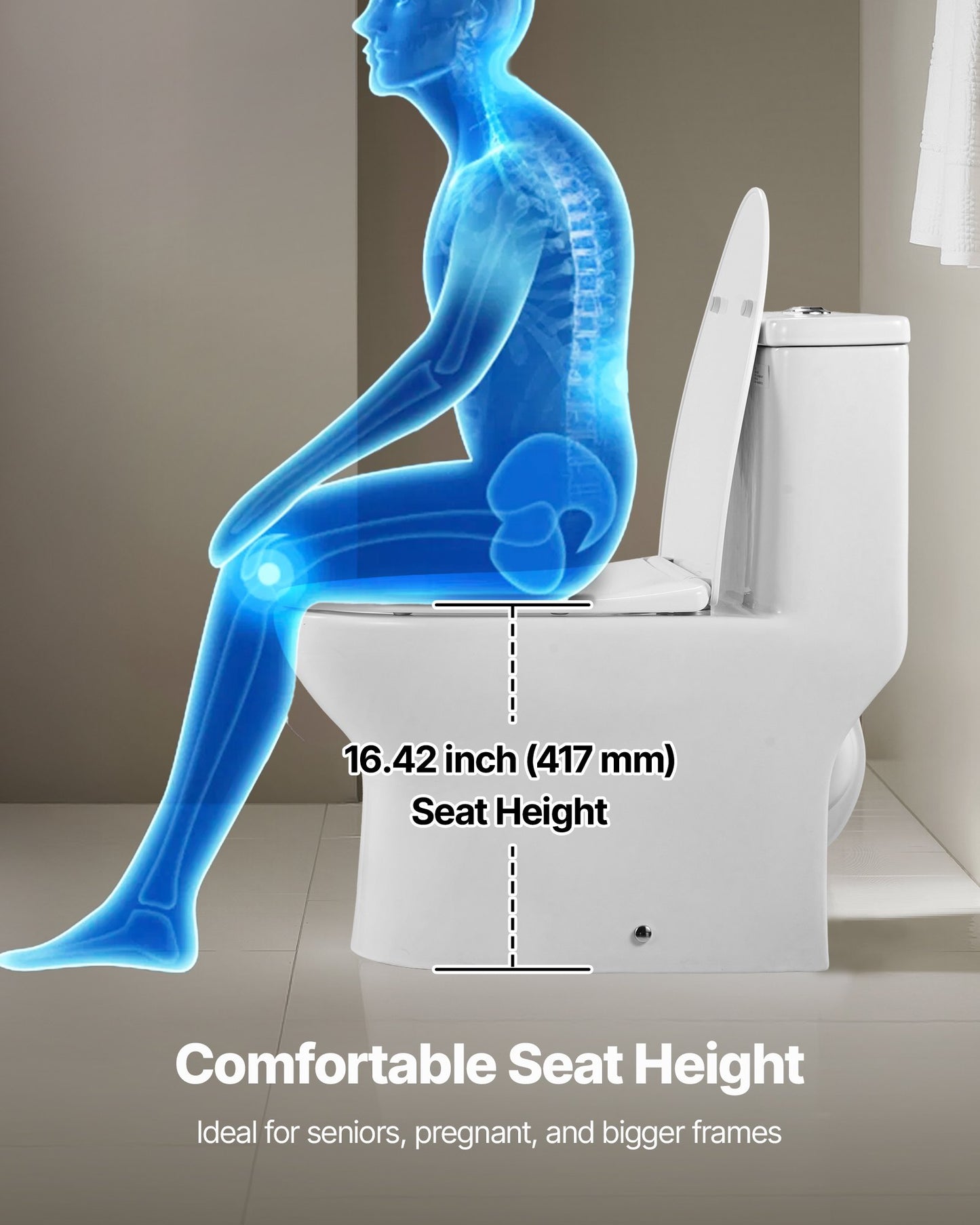 One-Piece Toilet, Elongated Toilet Vortex Dual-Flush 1.0/1.28 GPF, Toilets for Bathroom with Comfortable Chair Seat, Standard Height, 12 inch Rough-In, White + Silver, Easy-Clean Skirted Design
