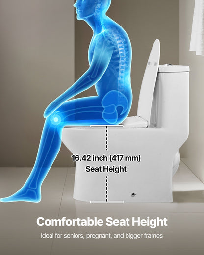 One-Piece Toilet, Elongated Toilet Vortex Dual-Flush 1.0/1.28 GPF, Toilets for Bathroom with Comfortable Chair Seat, Standard Height, 12 inch Rough-In, White + Silver, Easy-Clean Skirted Design