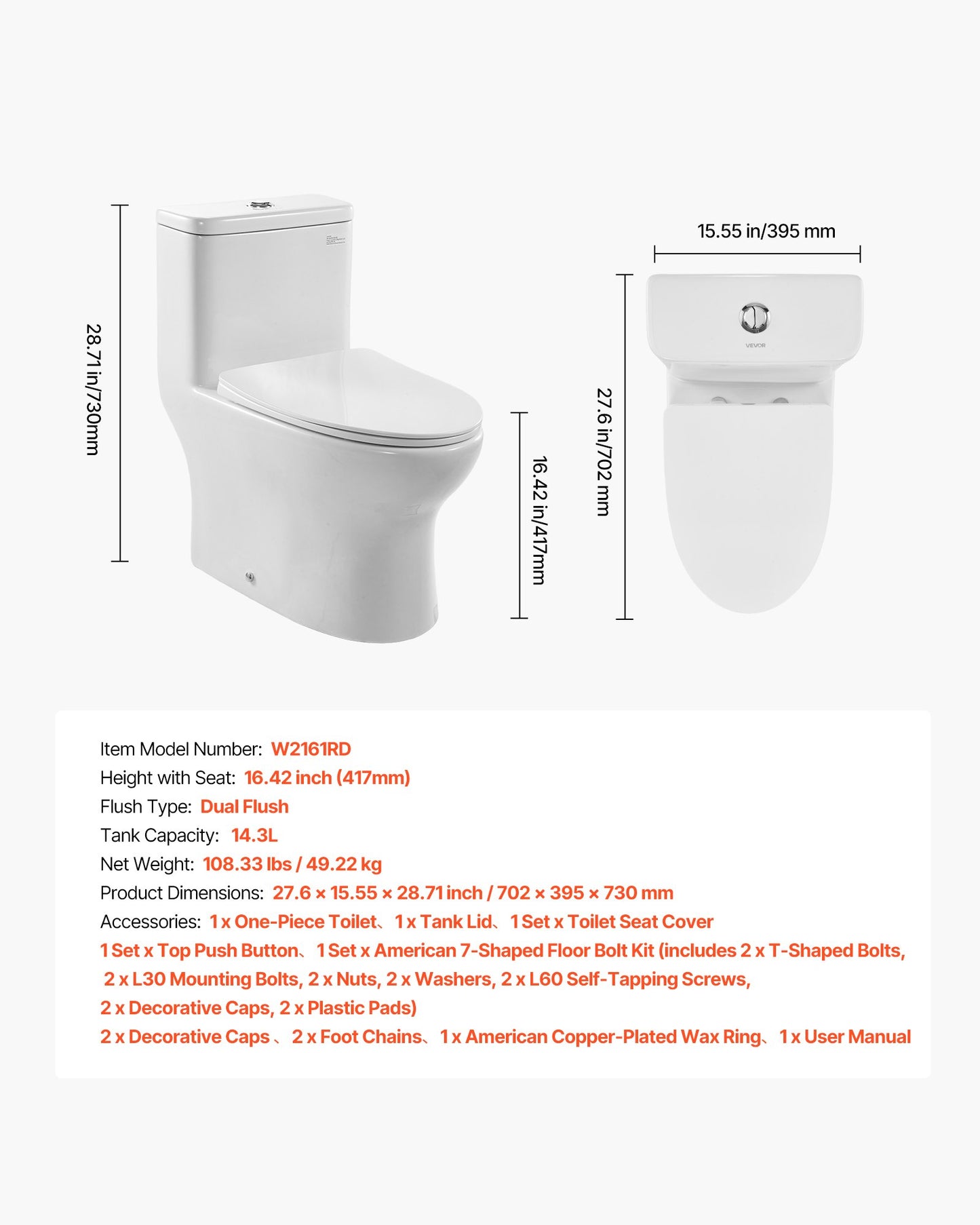 One-Piece Toilet, Elongated Toilet Vortex Dual-Flush 1.0/1.28 GPF, Toilets for Bathroom with Comfortable Chair Seat, Standard Height, 12 inch Rough-In, White + Silver, Easy-Clean Skirted Design