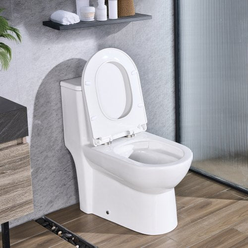 One-Piece Toilet, Elongated Toilet Vortex Dual-Flush 1.1/1.6 GPF, Toilets for Bathroom with Comfortable Chair Seat, 12 inch Rough-In, Black + White, Easy-Clean Skirted Design, Standard Height